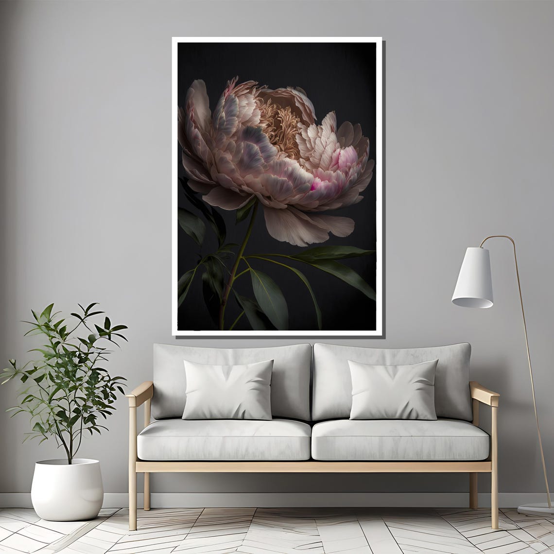 Soft Blush Pink Peony Bloom on a Velvet Black Floral Art Poster - Image 2
