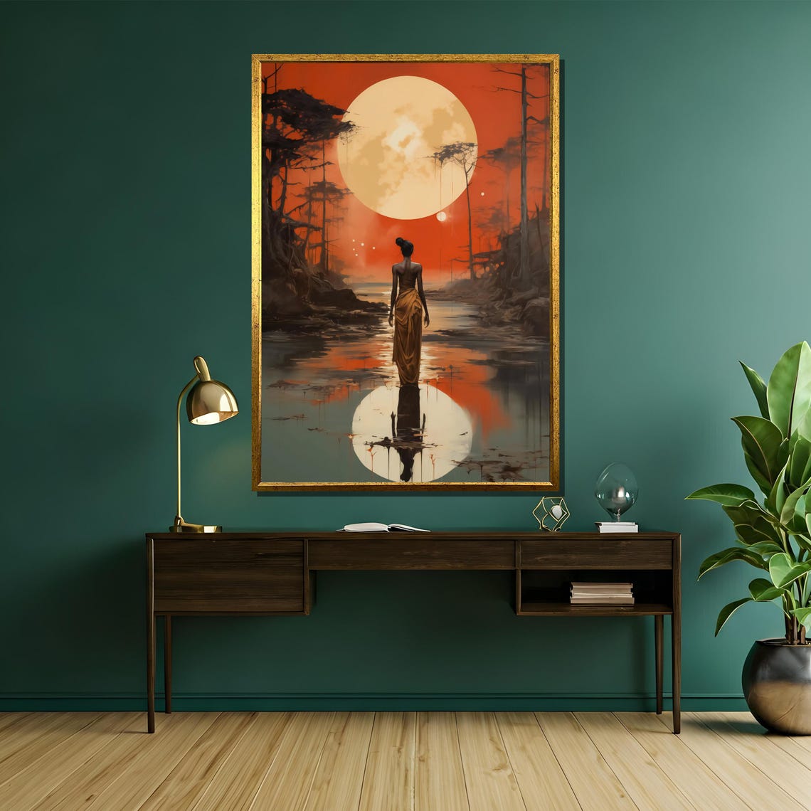Lone Woman Walking Into Moonlit River Surreal Night Art Poster - Image 5