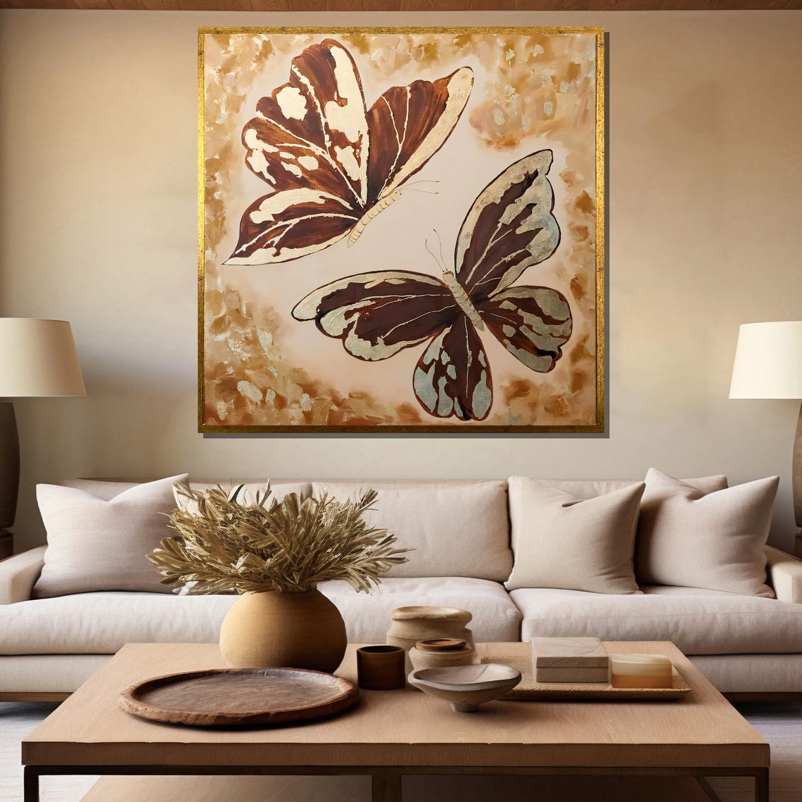 Two Brown and White Butterflies on Golden Beige Painting Poster - Image 5