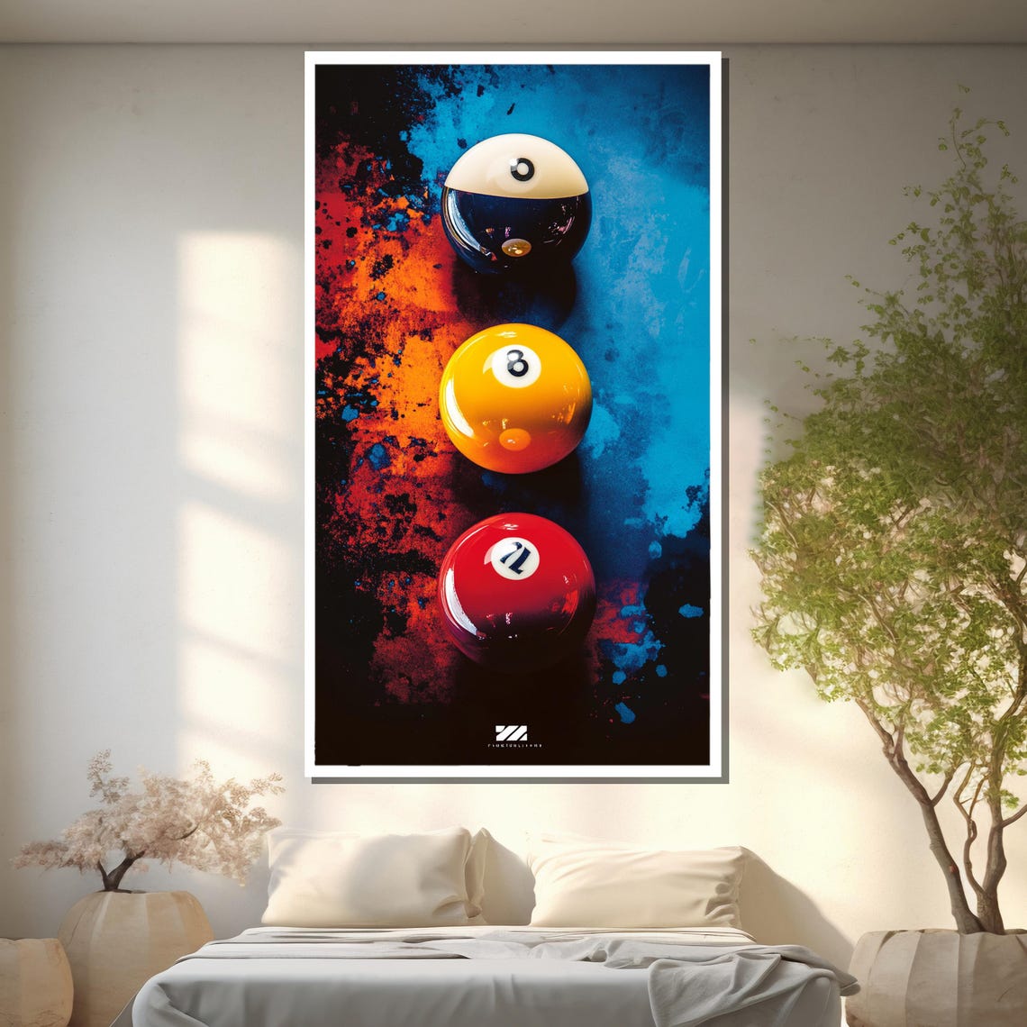 Neon Nights Three Colorful Billiard Balls on Splattered Art Poster - Image 2