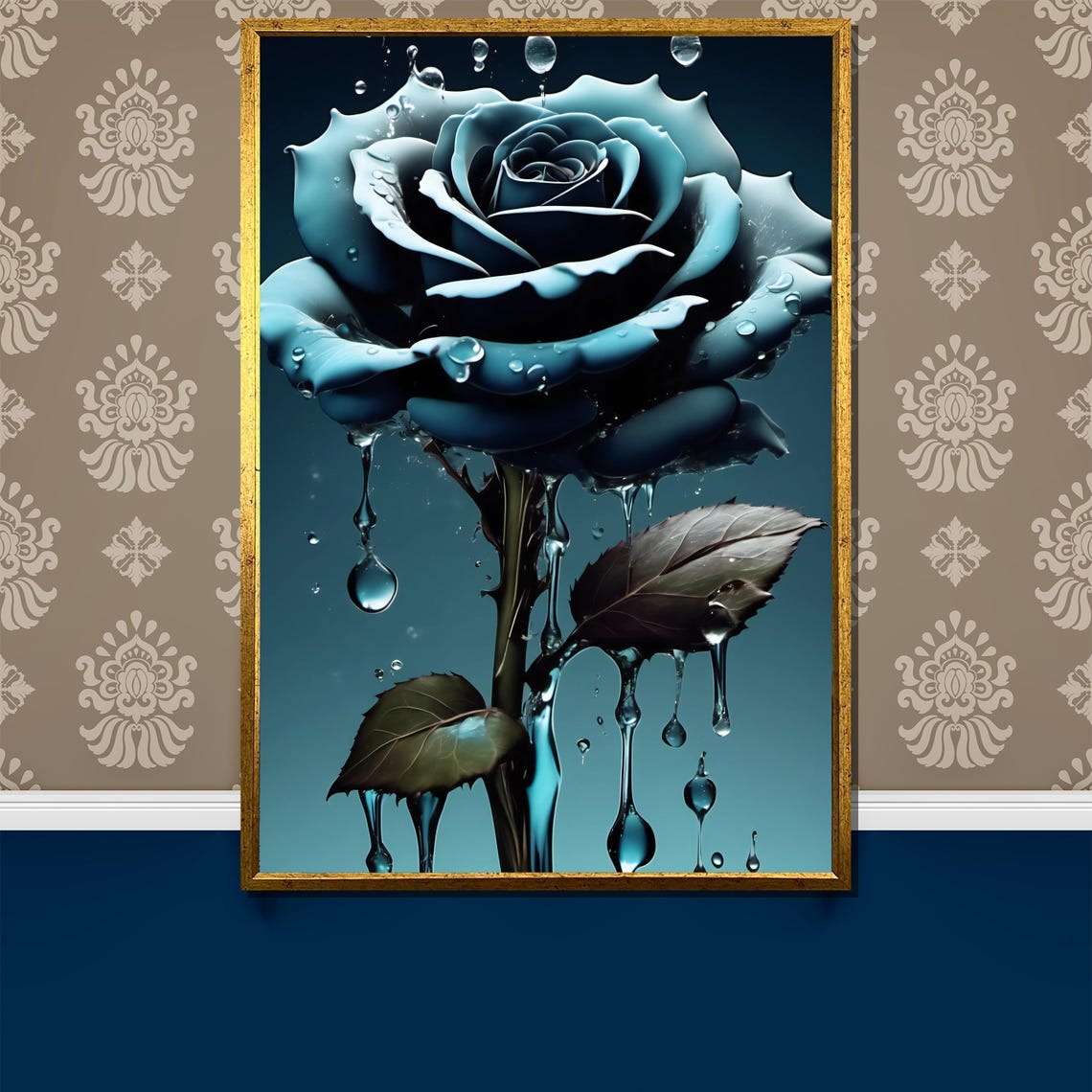 Surreal Dark Blue Rose With Dripping Water Droplets Art Poster
