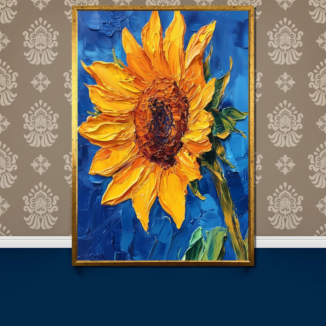 Bold Yellow Sunflower Impasto Thick Paint Blue Background Poster