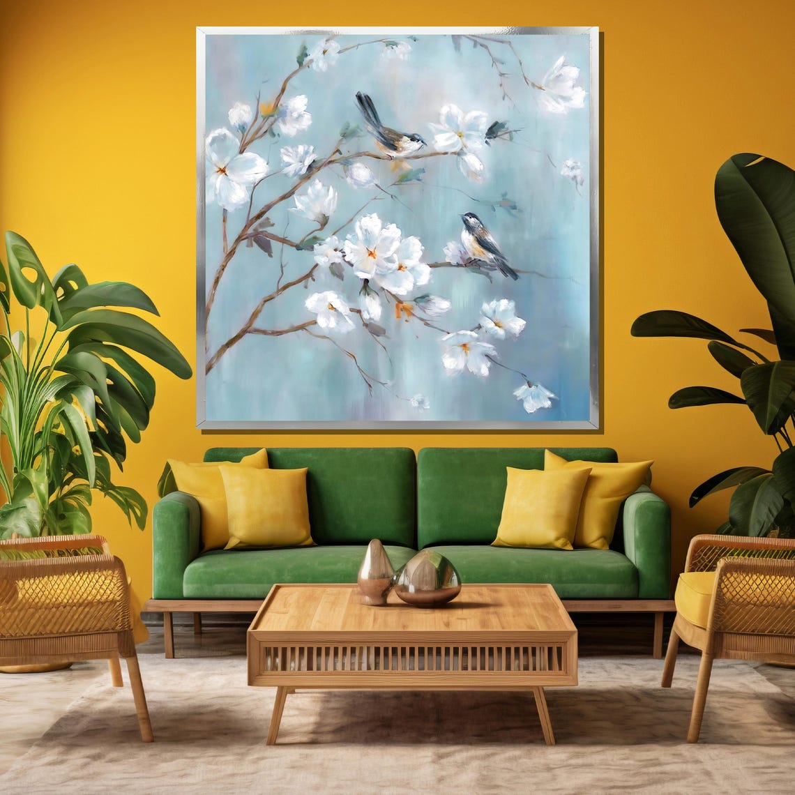 Songbirds Perched on White Blossoming Branches Nature Poster - Image 3