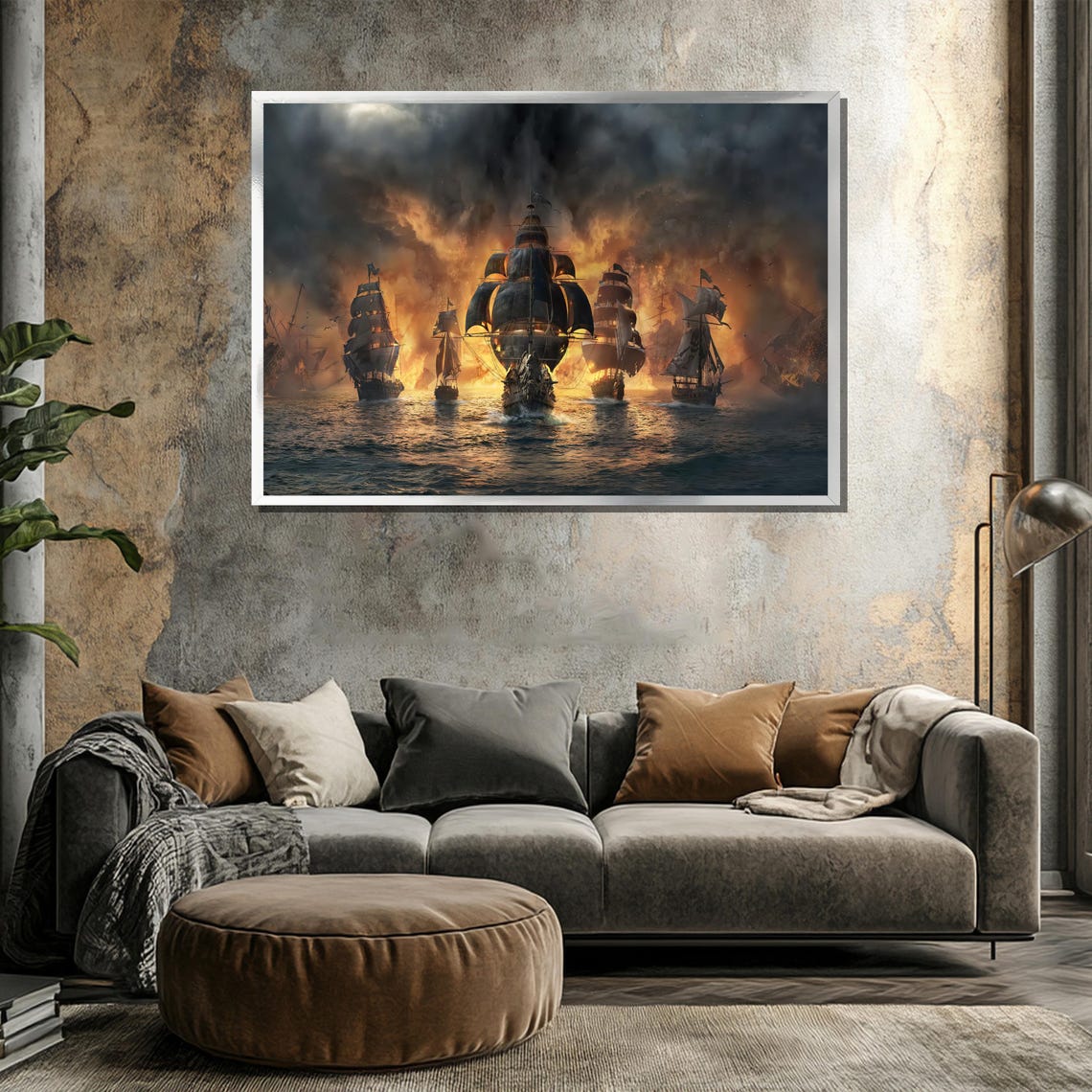 Epic Naval Battle Painting Dramatic Fiery Ship Scene Art Gift For Historical War Enthusiasts And Bold Wall Decor - Image 3