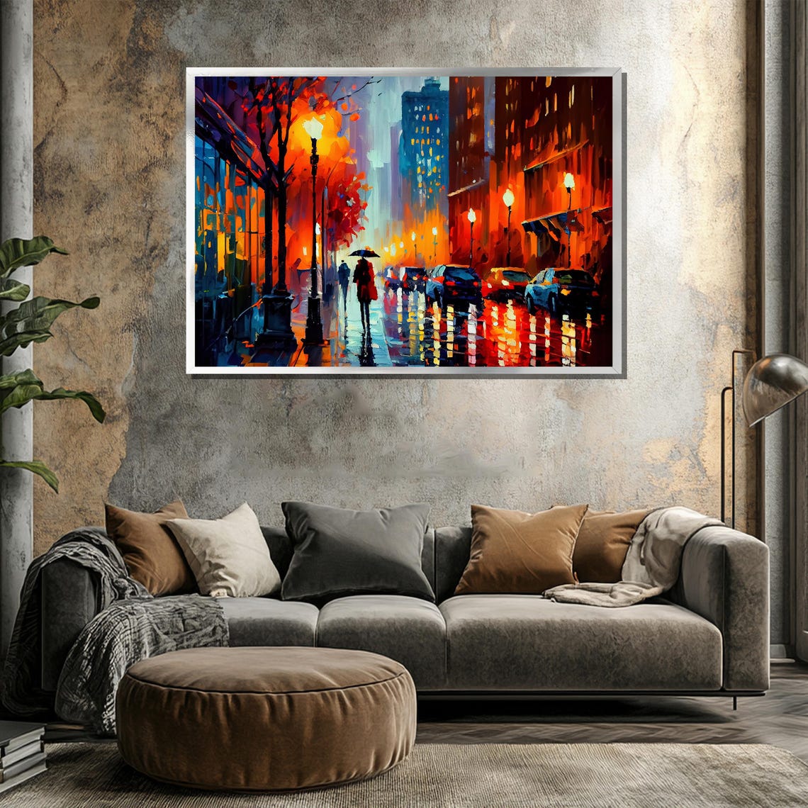 Rainy City Street at Night With Umbrella Figure Neon Painting Poster - Image 3