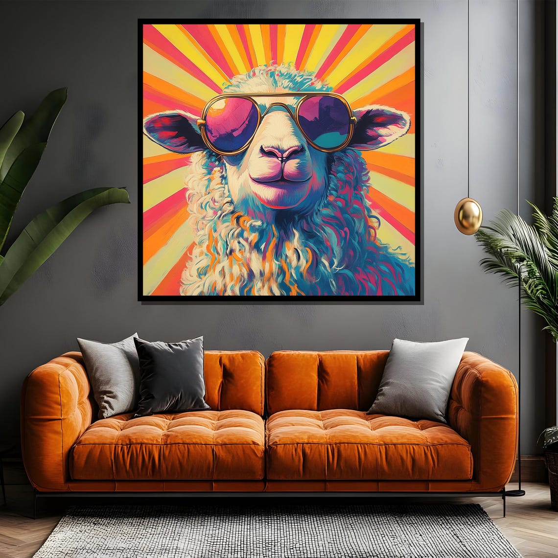 Retro Sheep in Sunglasses Over a Psychedelic Sunburst Poster - Image 4
