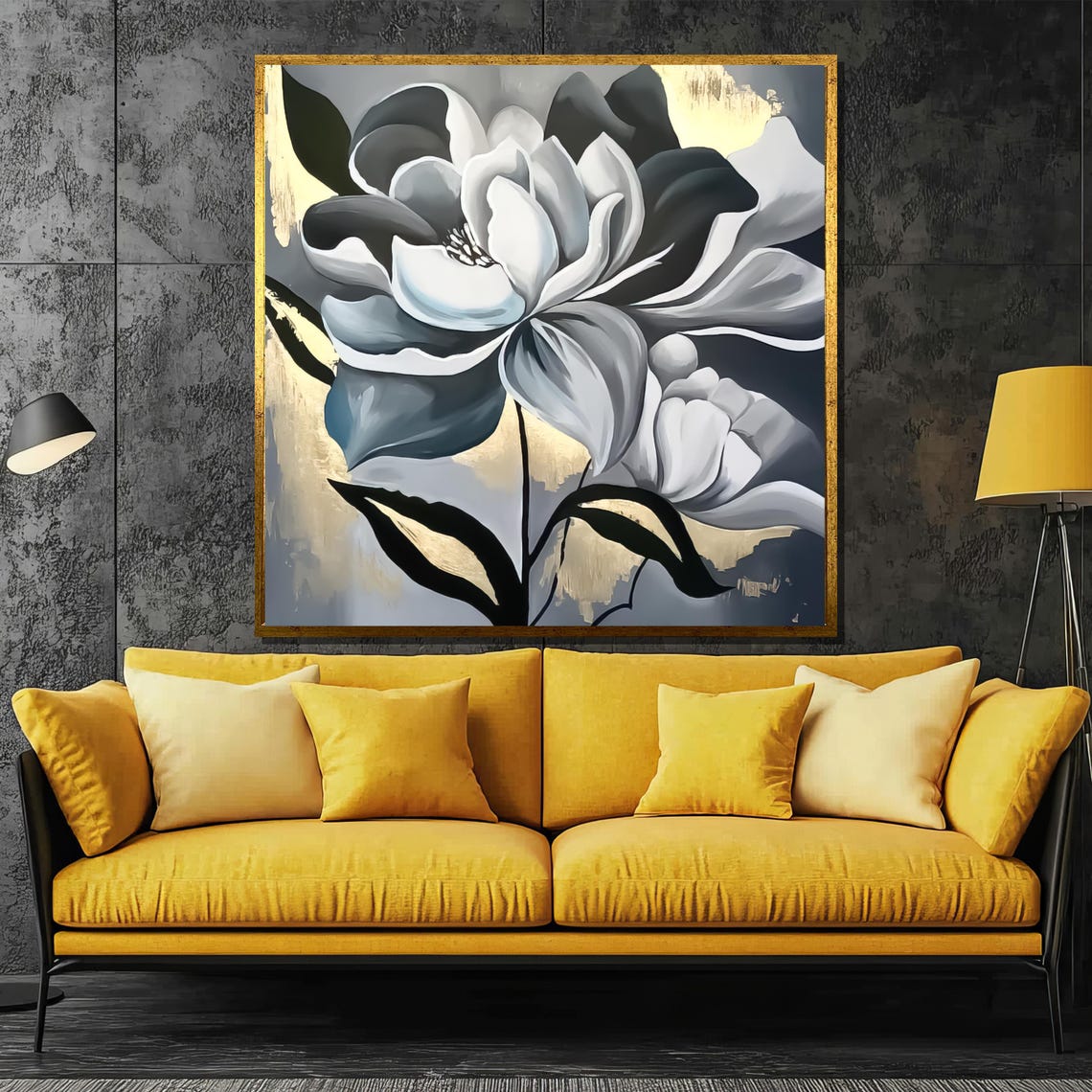 Monochrome Floral Bloom with Striking Gold Accents Art Poster
