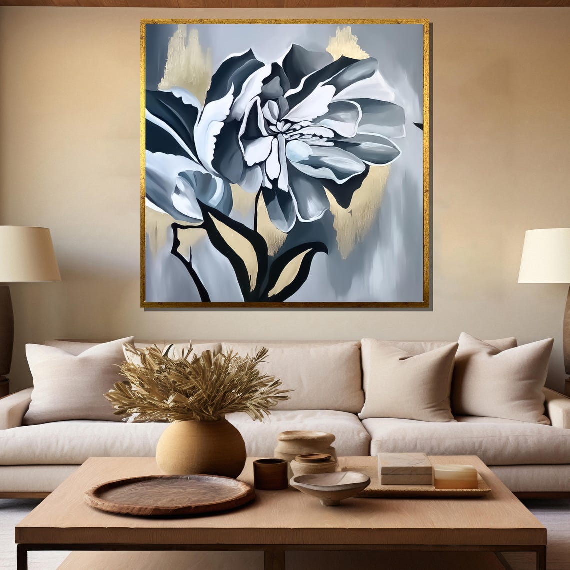 Black And White Monochrome Flower With Gold Accents Art Poster - Image 5