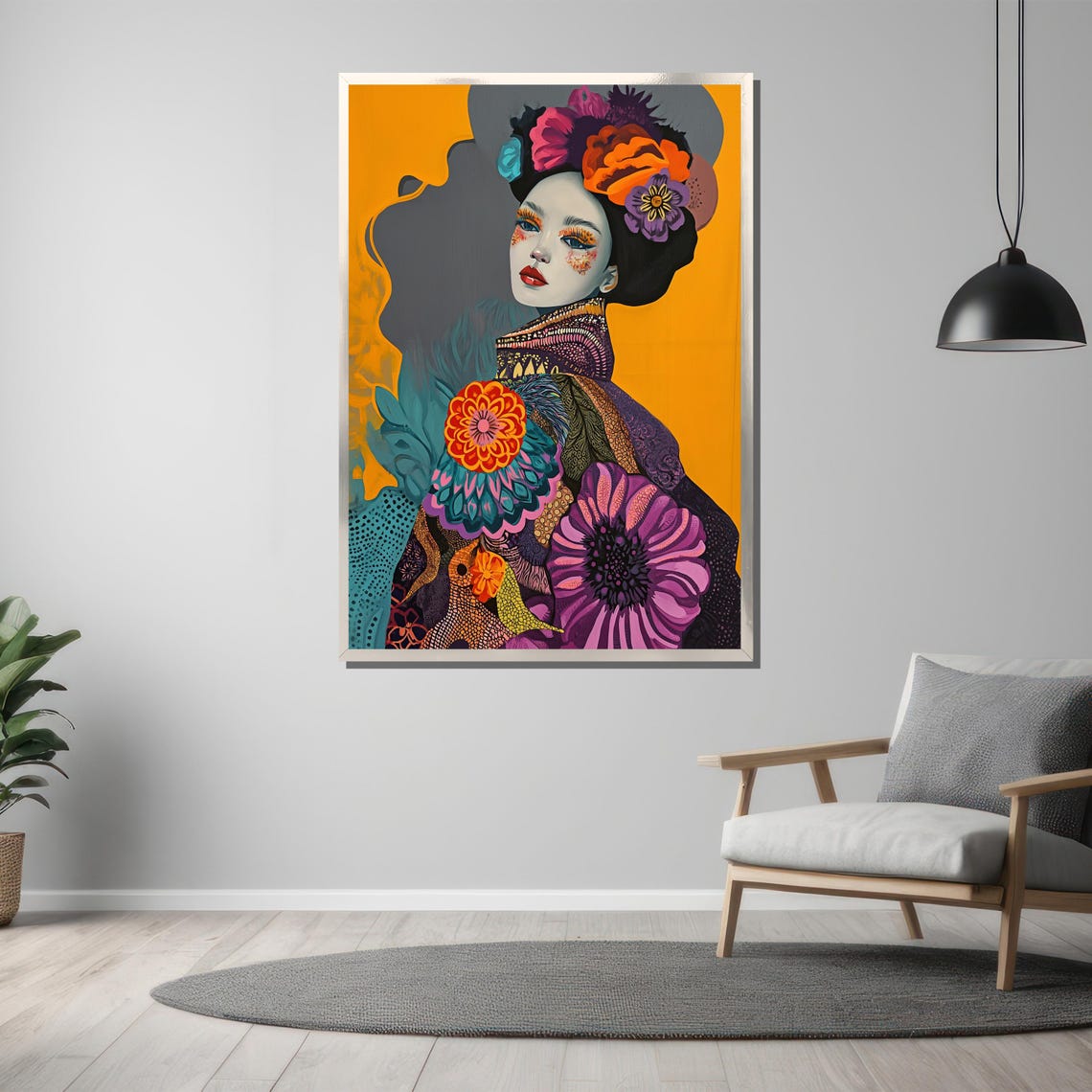 Colorful Floral Geisha Portrait On Bold Orange Pop Art Poster - Image 3