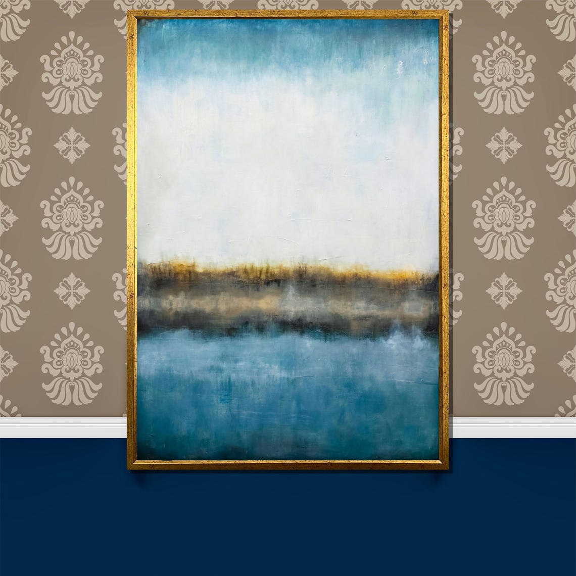 Blue and Gold Abstract Horizon Painting Serene Coastal Style Poster
