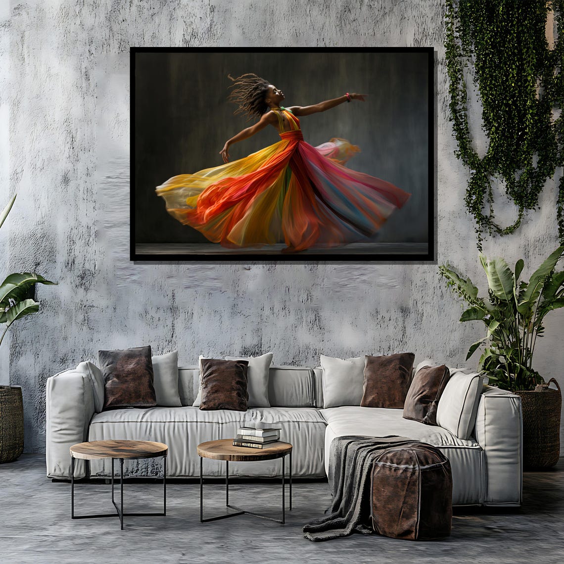 Joyful Dancer Twirling Rainbow Flowing Dress Gray Studio Art Poster - Image 4