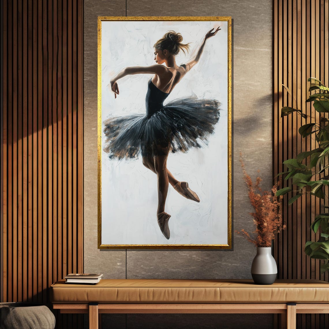 Ballerina In Black Tutu Mid Leap White Background Art Poster - Image 5