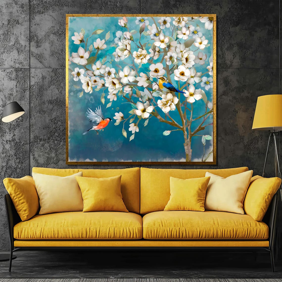 White Blossom Tree with Colorful Birds Spring Painting Poster