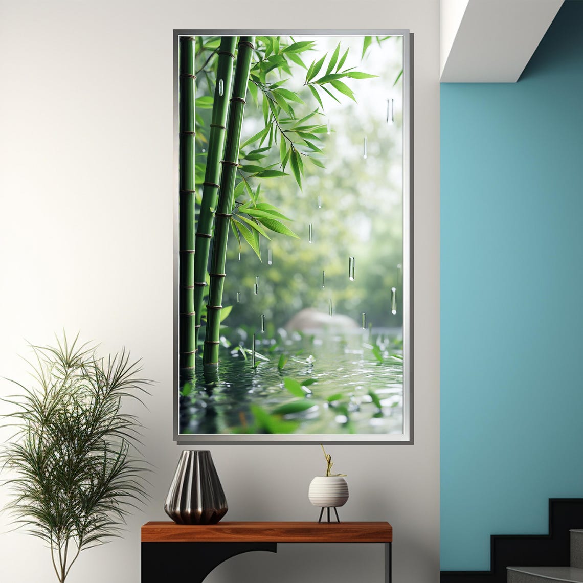 Green Bamboo Stalks Rising from Still Morning Pond Water Poster - Image 3