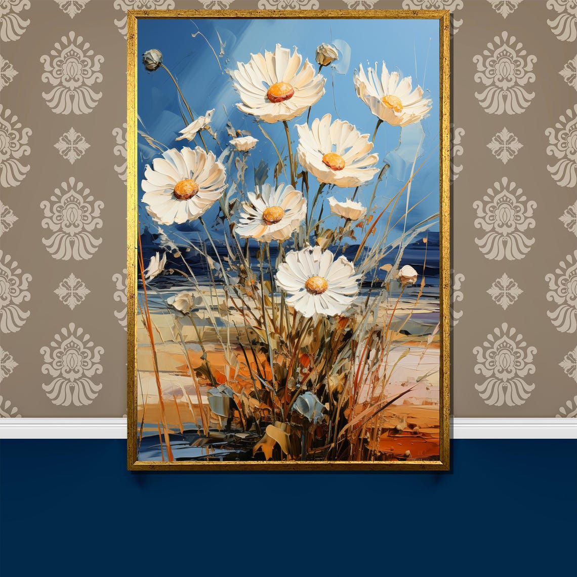 White Daisies by the Sea Under a Bright Blue Summer Sky Poster