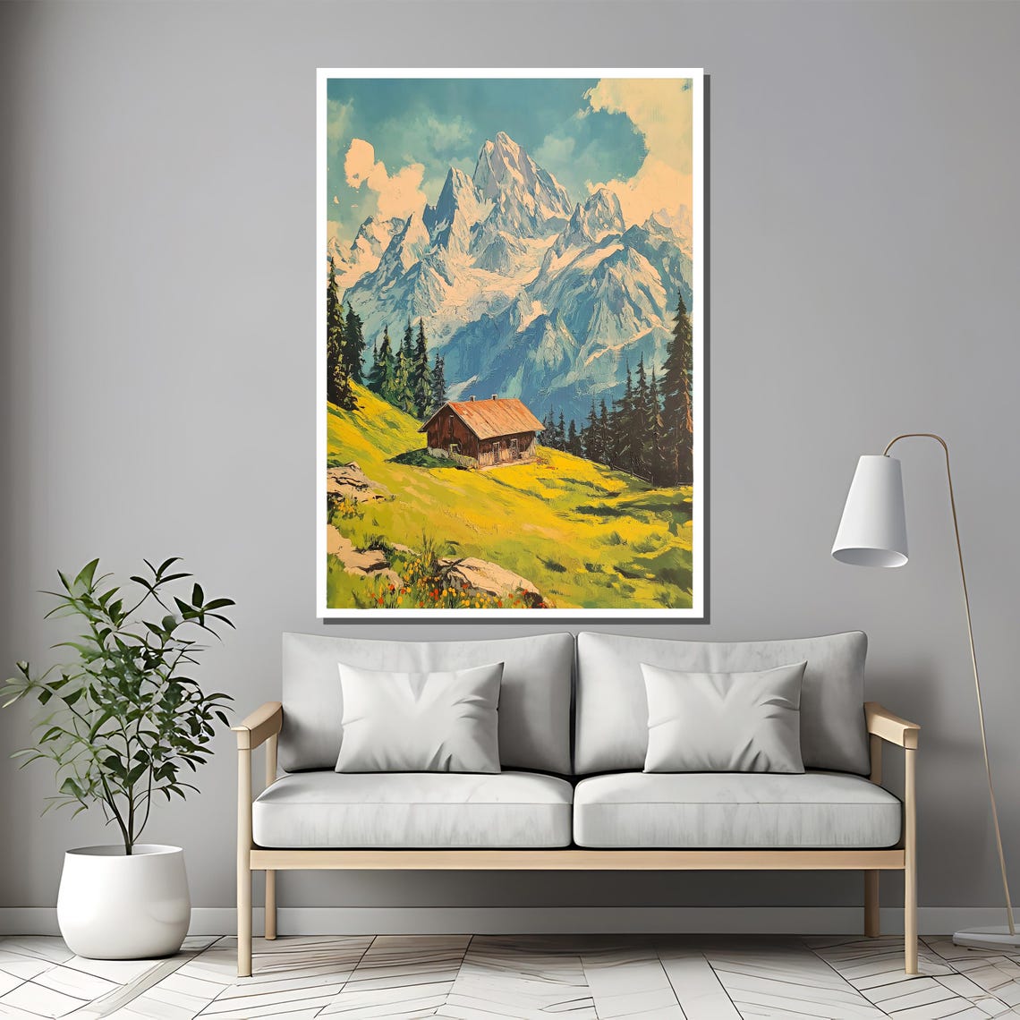 Alpine Cabin In A Green Meadow Below Towering Snowy Peaks Poster - Image 2