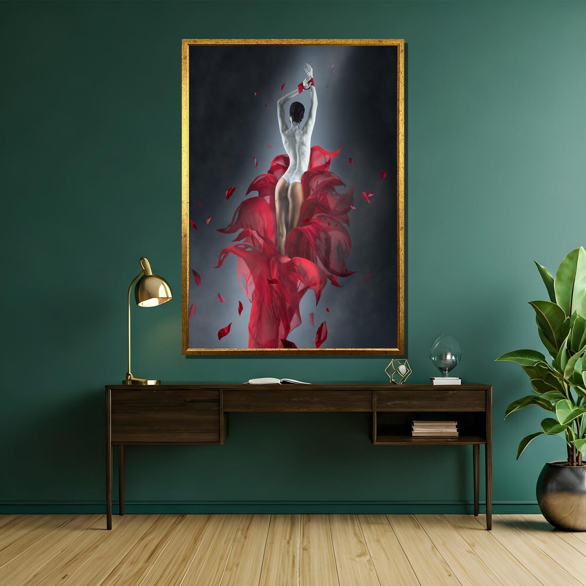 Red Silk Embrace Dancer in White Bodysuit Amid Petals Art Poster - Image 5
