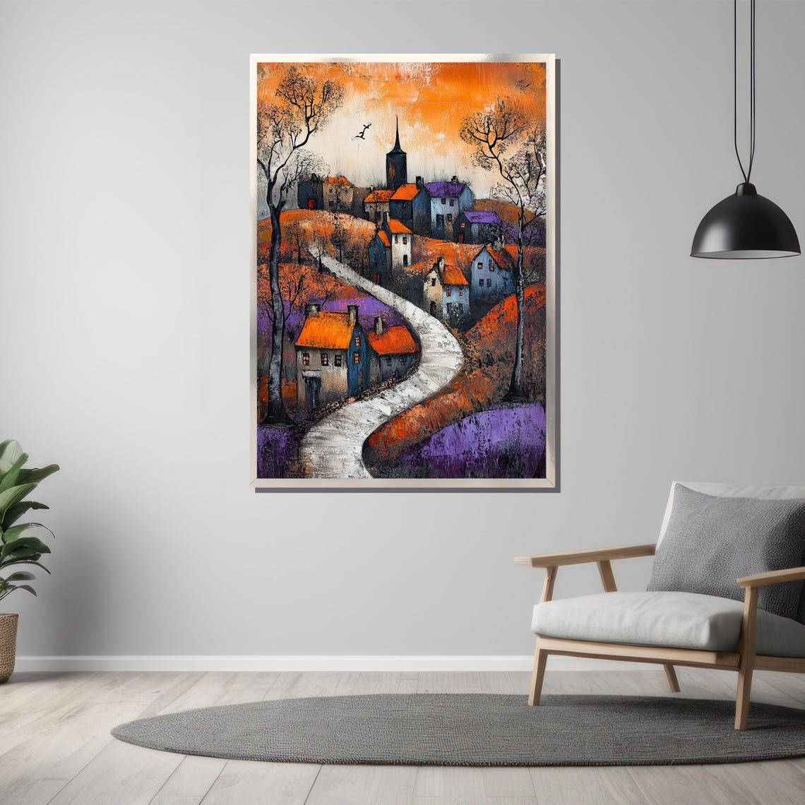 Village with Winding Path Orange Purple Sunset Landscape Poster - Image 3