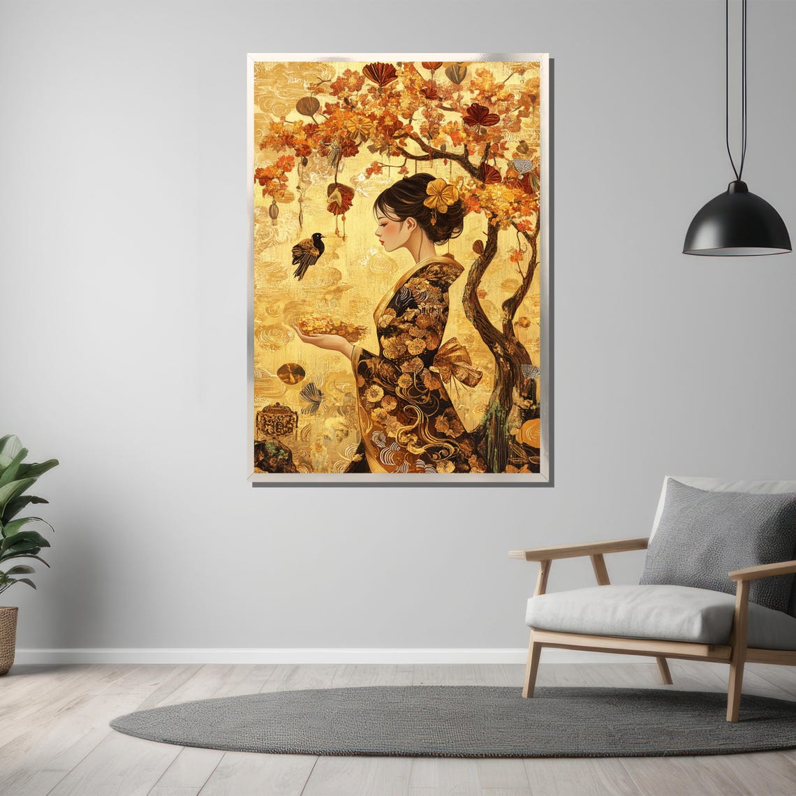 Golden Kimono Woman Beneath Blazing Autumn Tree Japanese Art Poster - Image 3