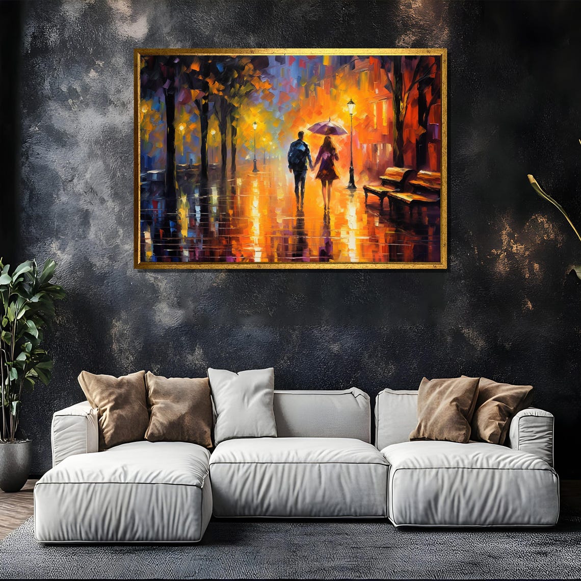 Colorful Rainy Street Couple Stroll Impressionist Joy Art Poster - Image 5