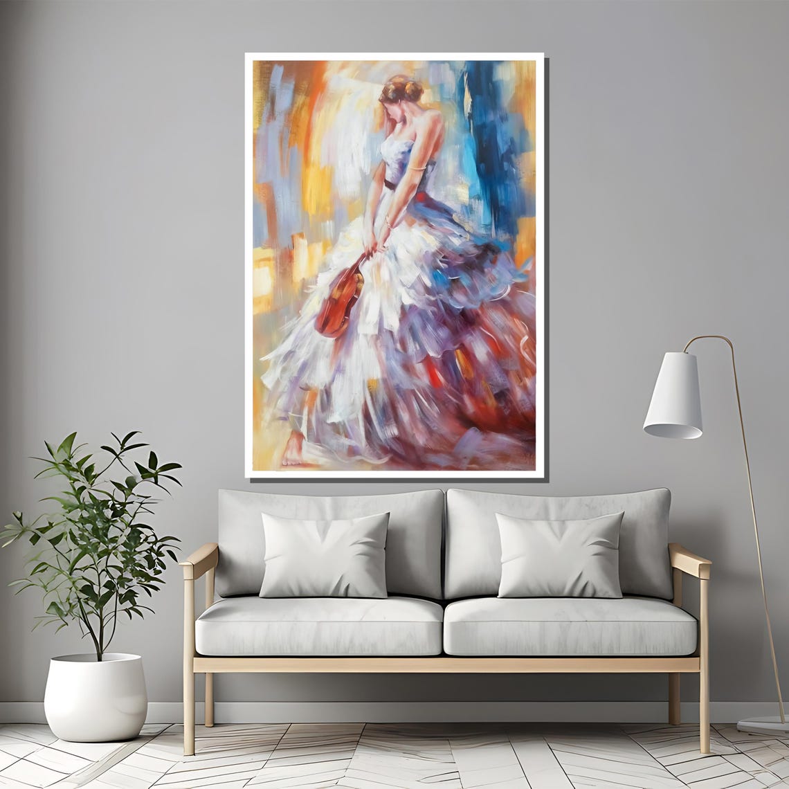 Woman in Flowing White Dress Holding Violin Colorful Music Art Poster - Image 2