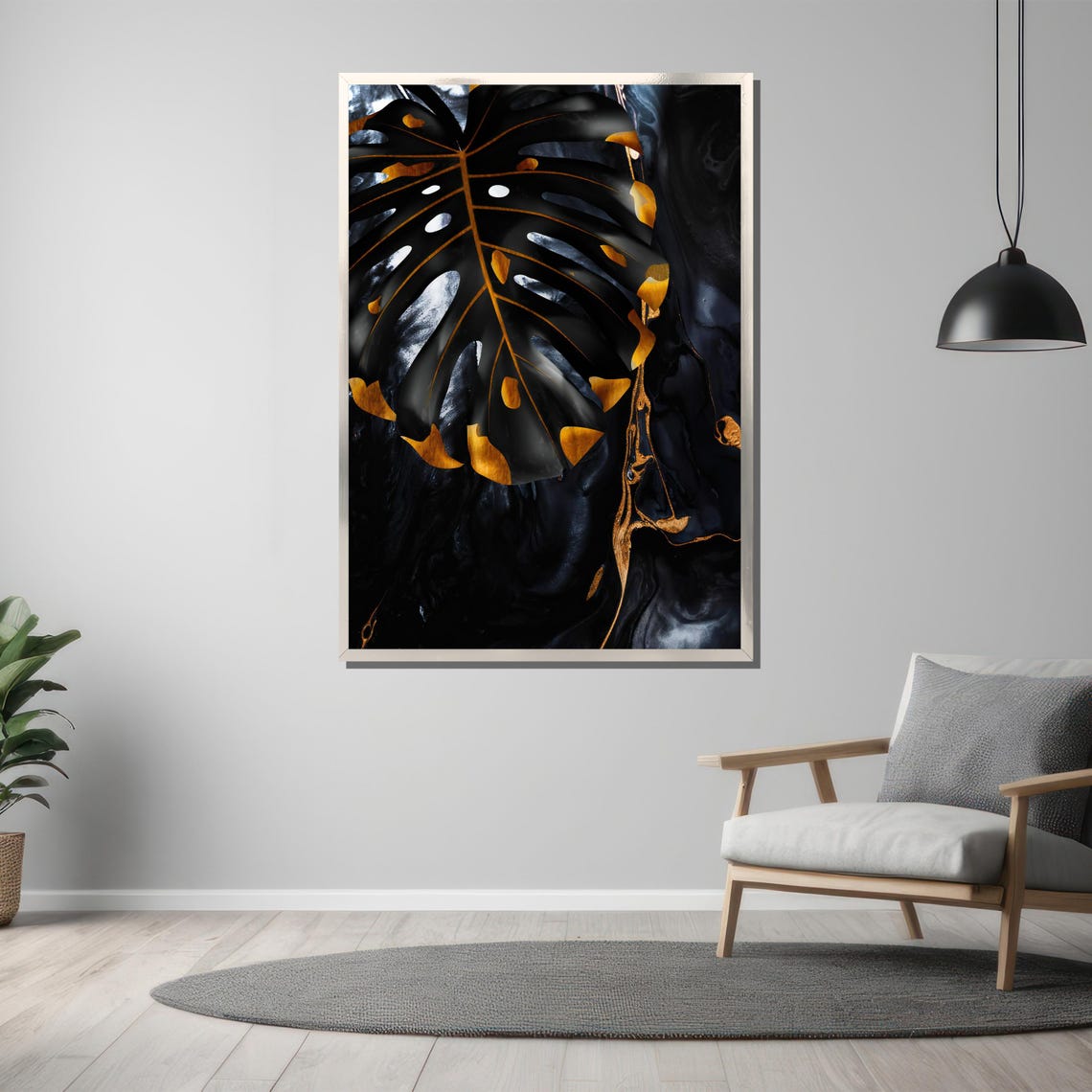 Black And Gold Monstera Leaf Luxury Tropical Botanical Poster - Image 3