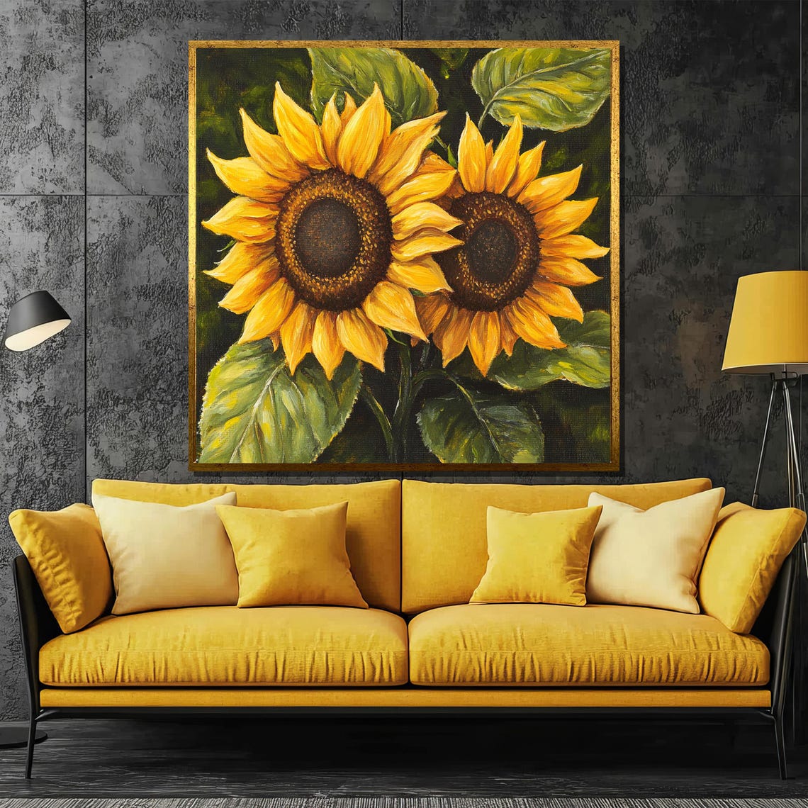 Twin Sunflowers With Green Leaves Cheerful Floral Art Poster