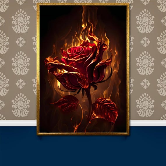 Fiery Rose Painting Gift Dramatic Flaming Flower Wall Art For Passionate Home Decor Bold And Unique Rose Painting