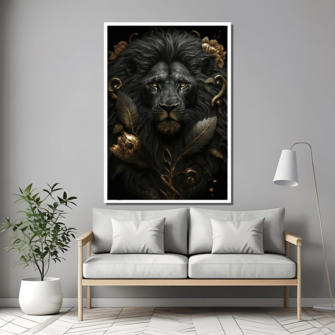 Black Lion With Golden Floral Accents On Dark Backdrop Poster - Image 2