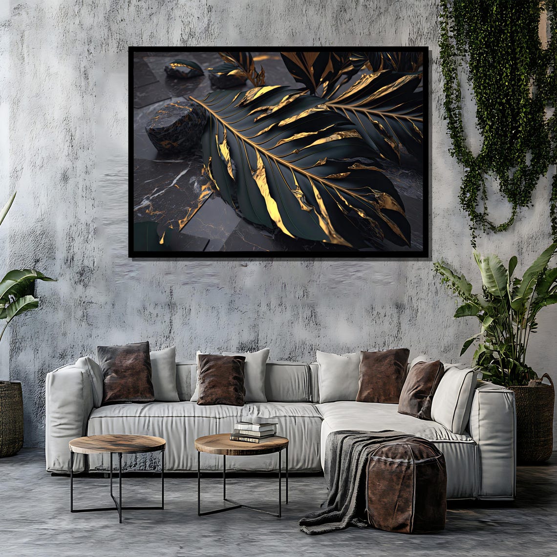 Black And Gold Tropical Leaf On Dark Marble Luxury Art Poster - Image 4