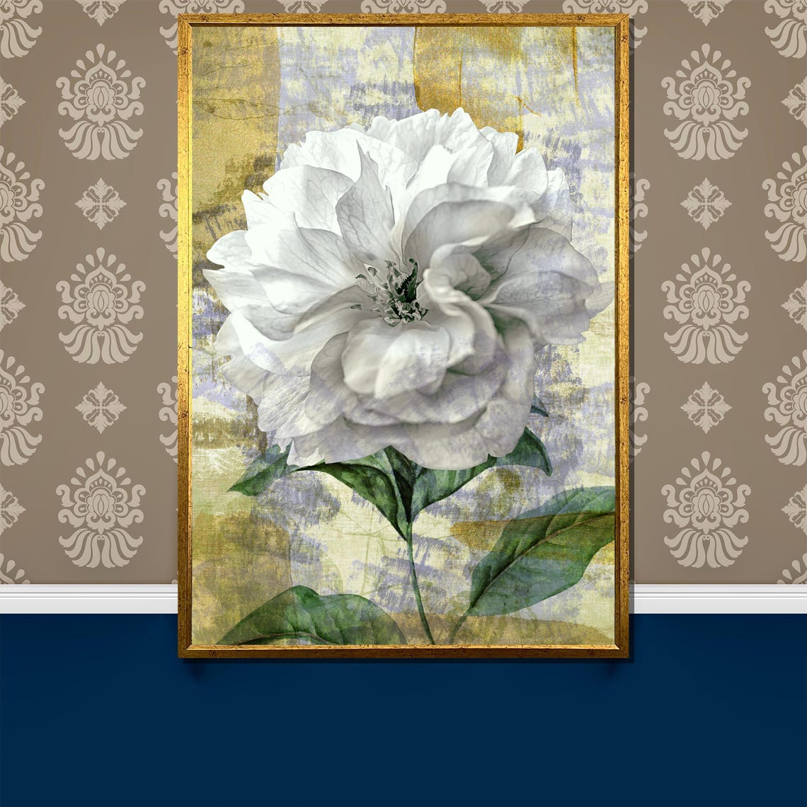 Elegant White Rose Green Leaves Gold Distressed Vintage Poster
