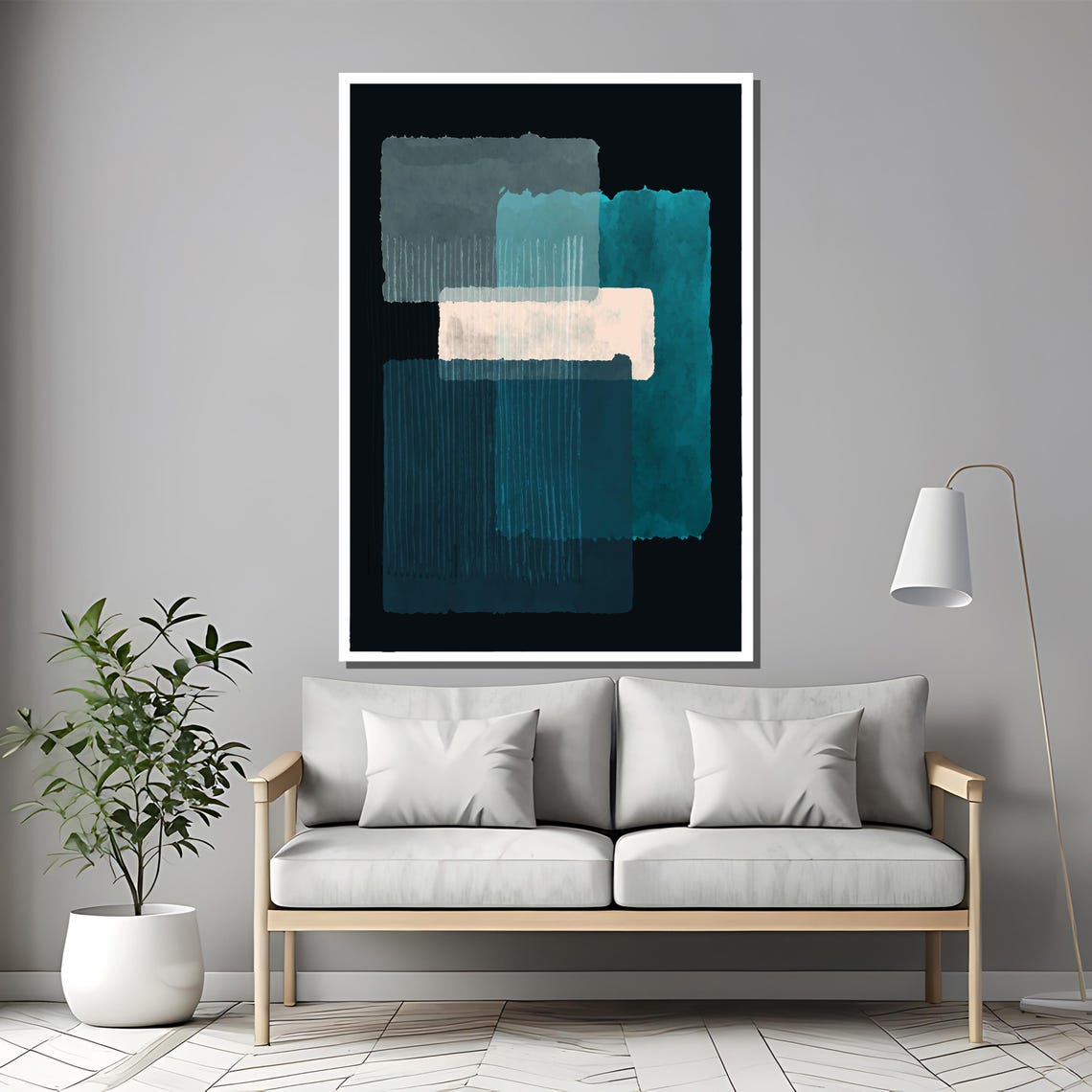 Rothko Style Teal White And Navy Geometric Abstract Blocks Poster - Image 2