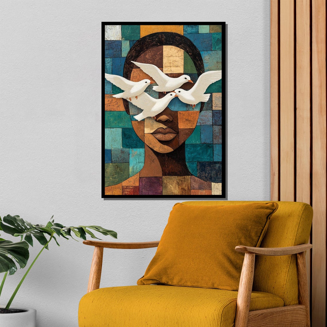 Mosaic Woman Portrait With Flying White Doves Surreal Art Poster - Image 4