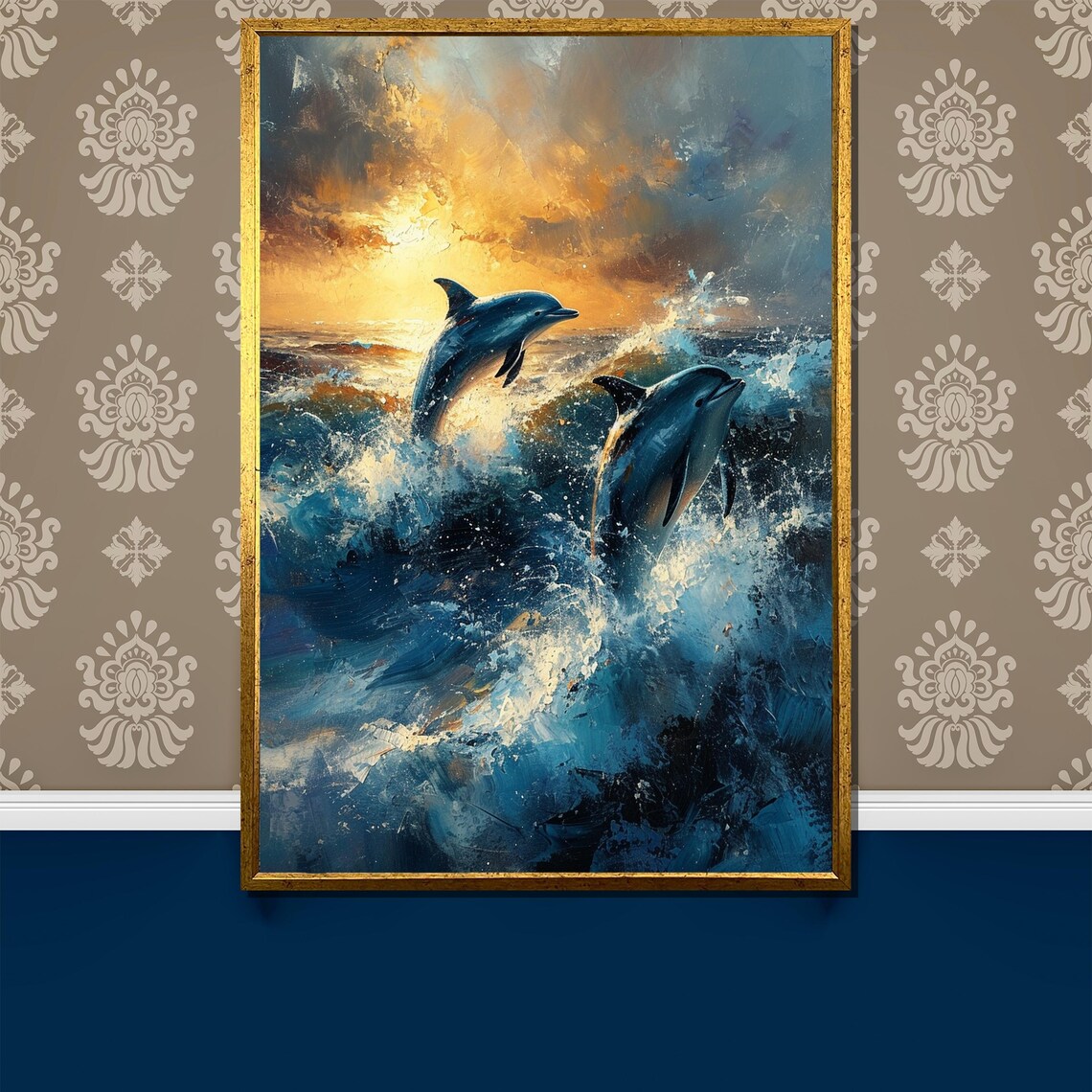 Two Dolphins Leaping Through Ocean Waves at Sunset Wildlife Painting Poster