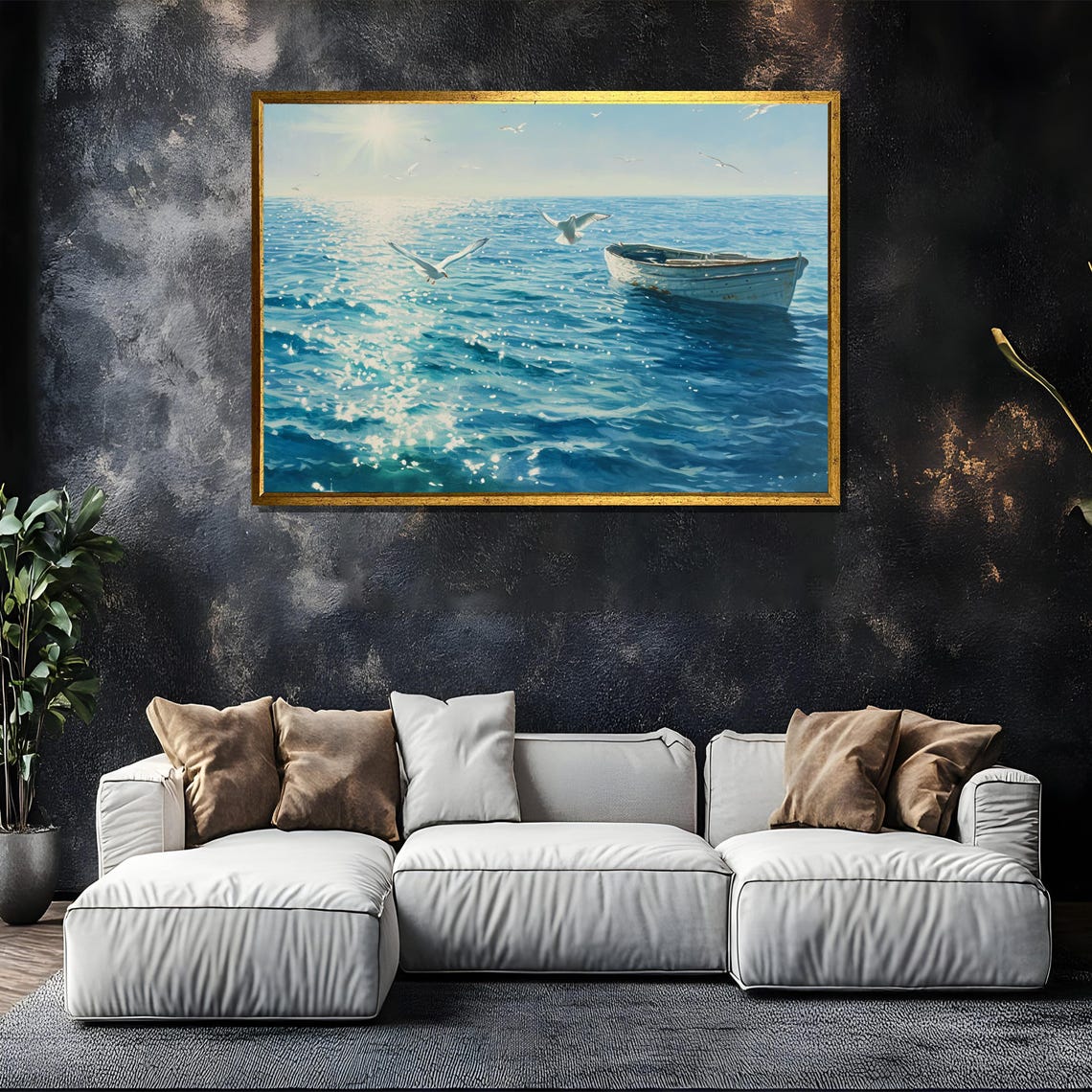 Rowboat and Seagulls on Sparkling Sunlit Blue Ocean Painting Poster - Image 5