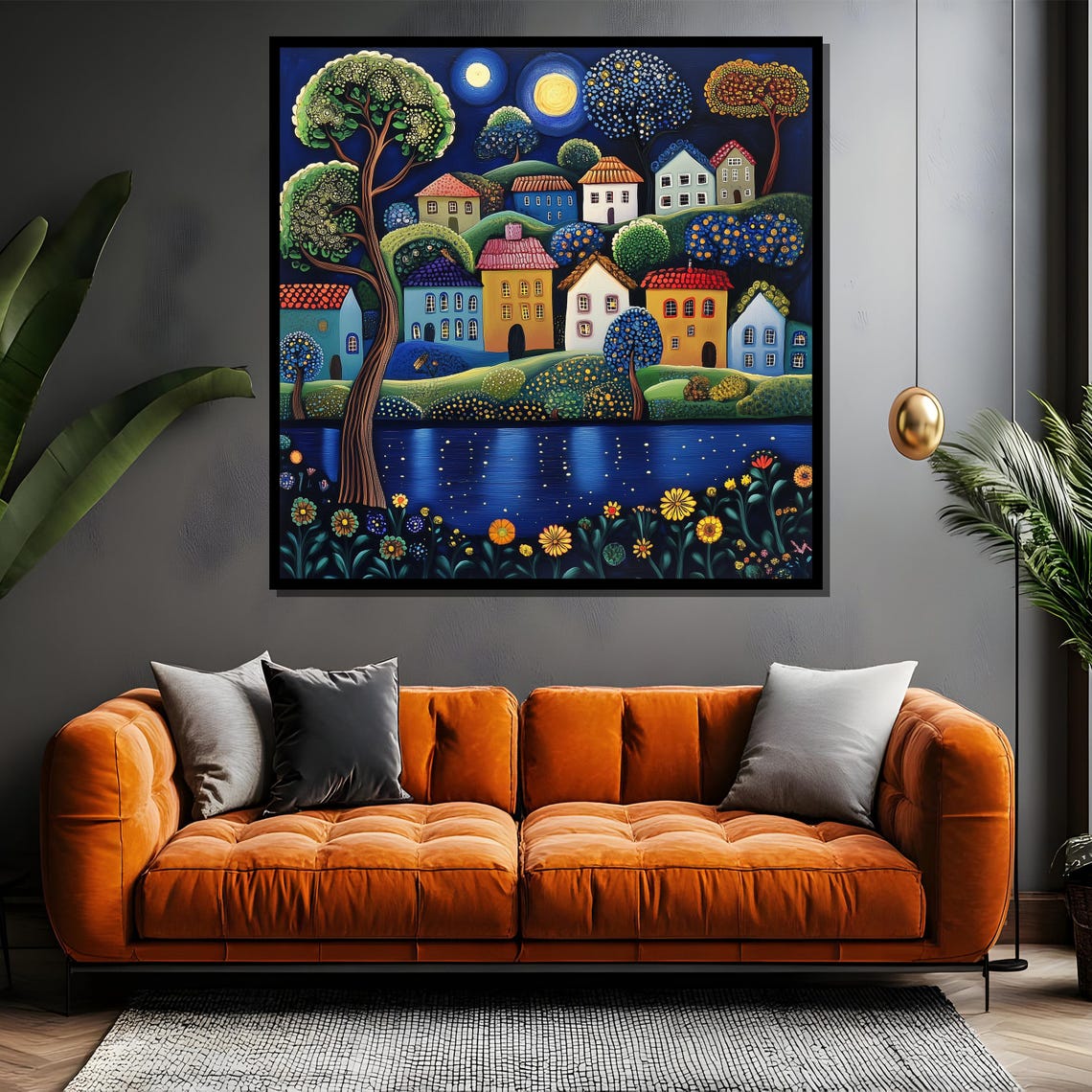 Moonlit Fairytale Village by the Lake in Folk Art Style Poster - Image 5