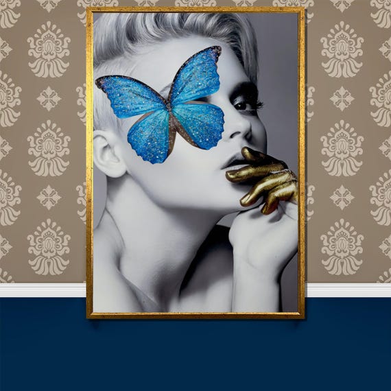 Modern Woman With Blue Butterfly Painting Stylish Black And White Art Gift With Bold Golden Accents For Home Decor