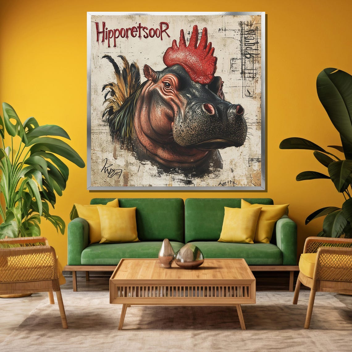 HipporetsooR Whimsical Hippo Rooster Hybrid Vintage Fantasy Poster - Image 3