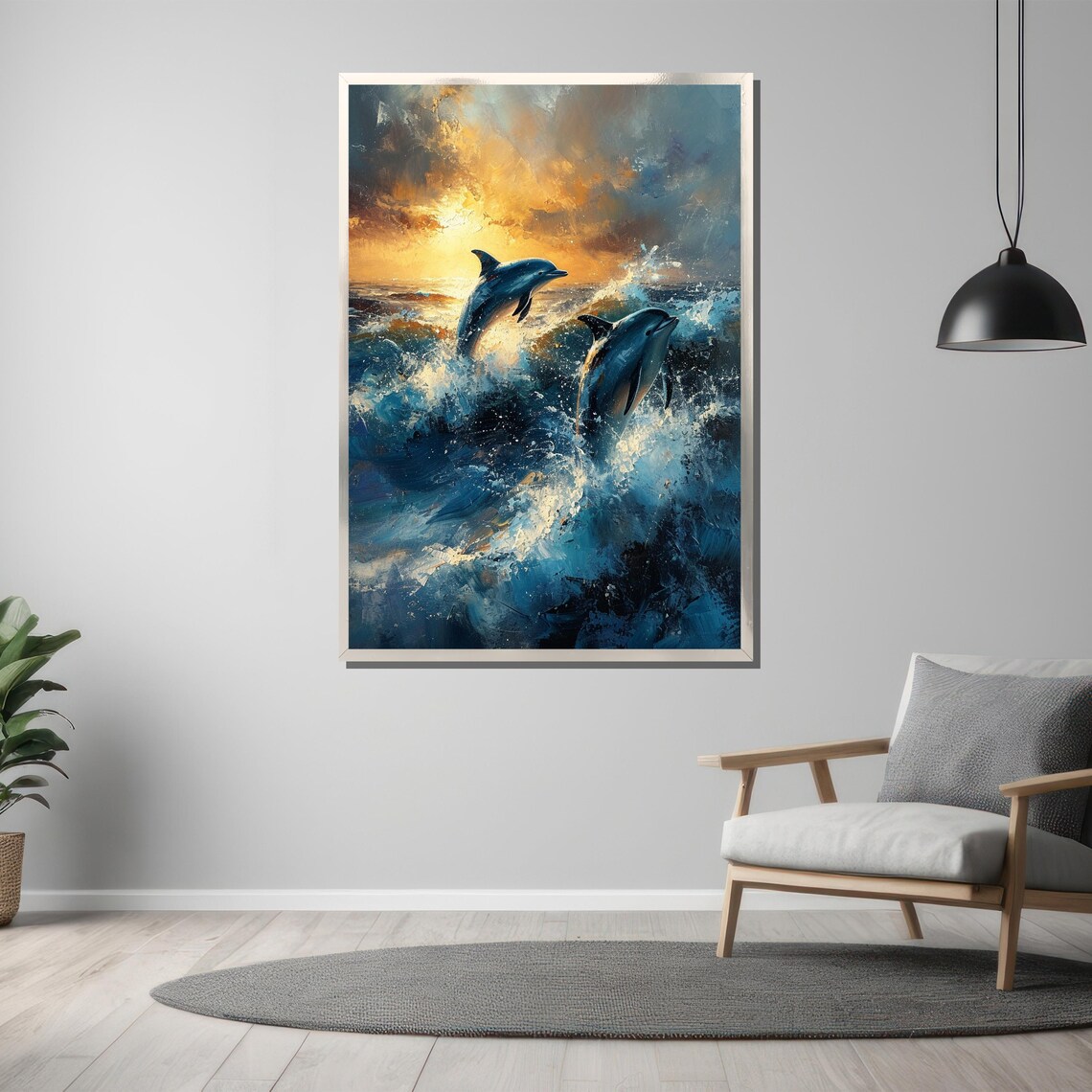 Two Dolphins Leaping Through Ocean Waves at Sunset Wildlife Painting Poster - Image 3