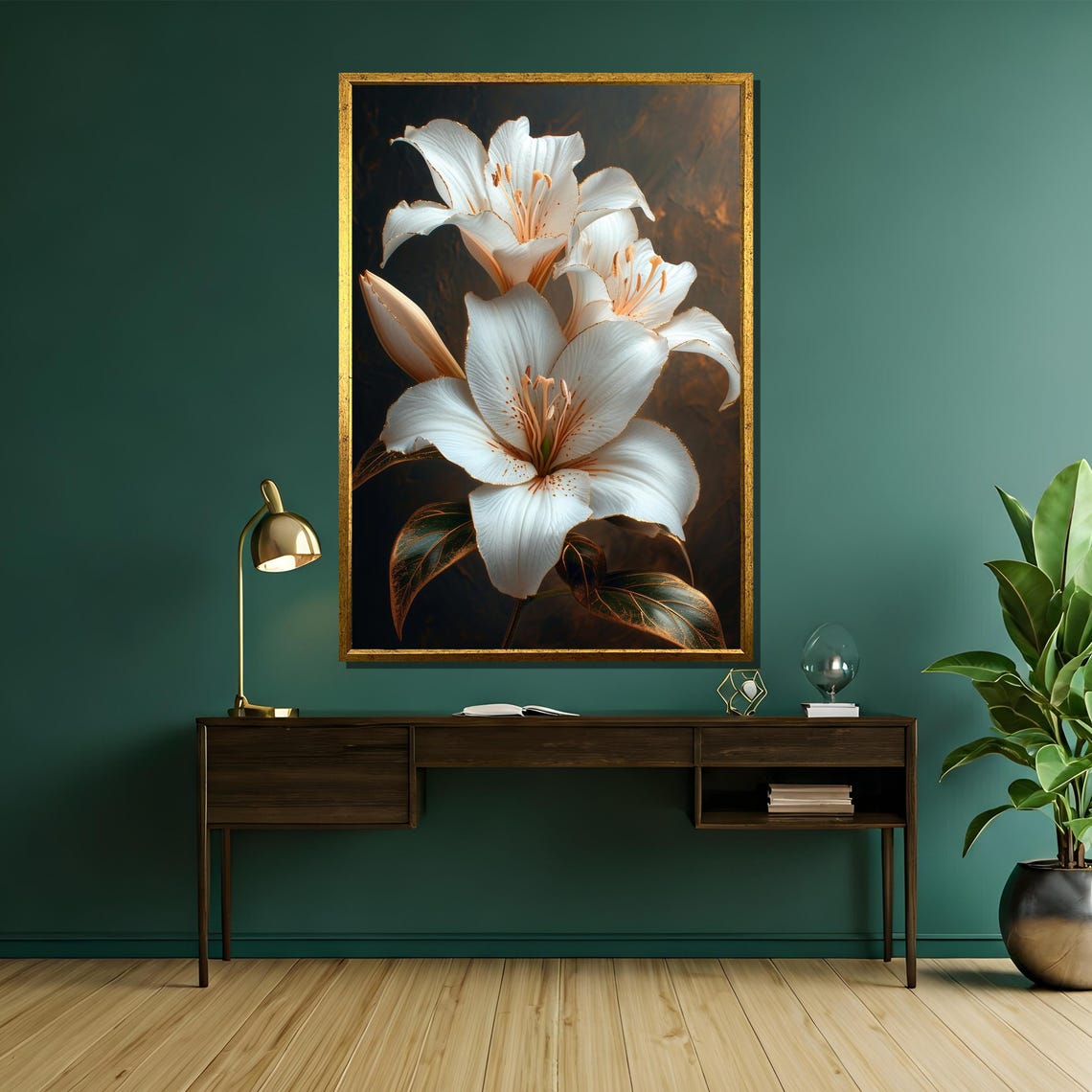 Elegant White Lily Flowers Dark Background Botanical Art Poster - Image 5