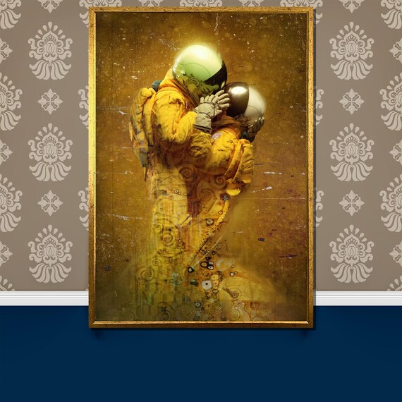 Two Astronauts Embracing In Golden Klimt Inspired Swirling Light Poster