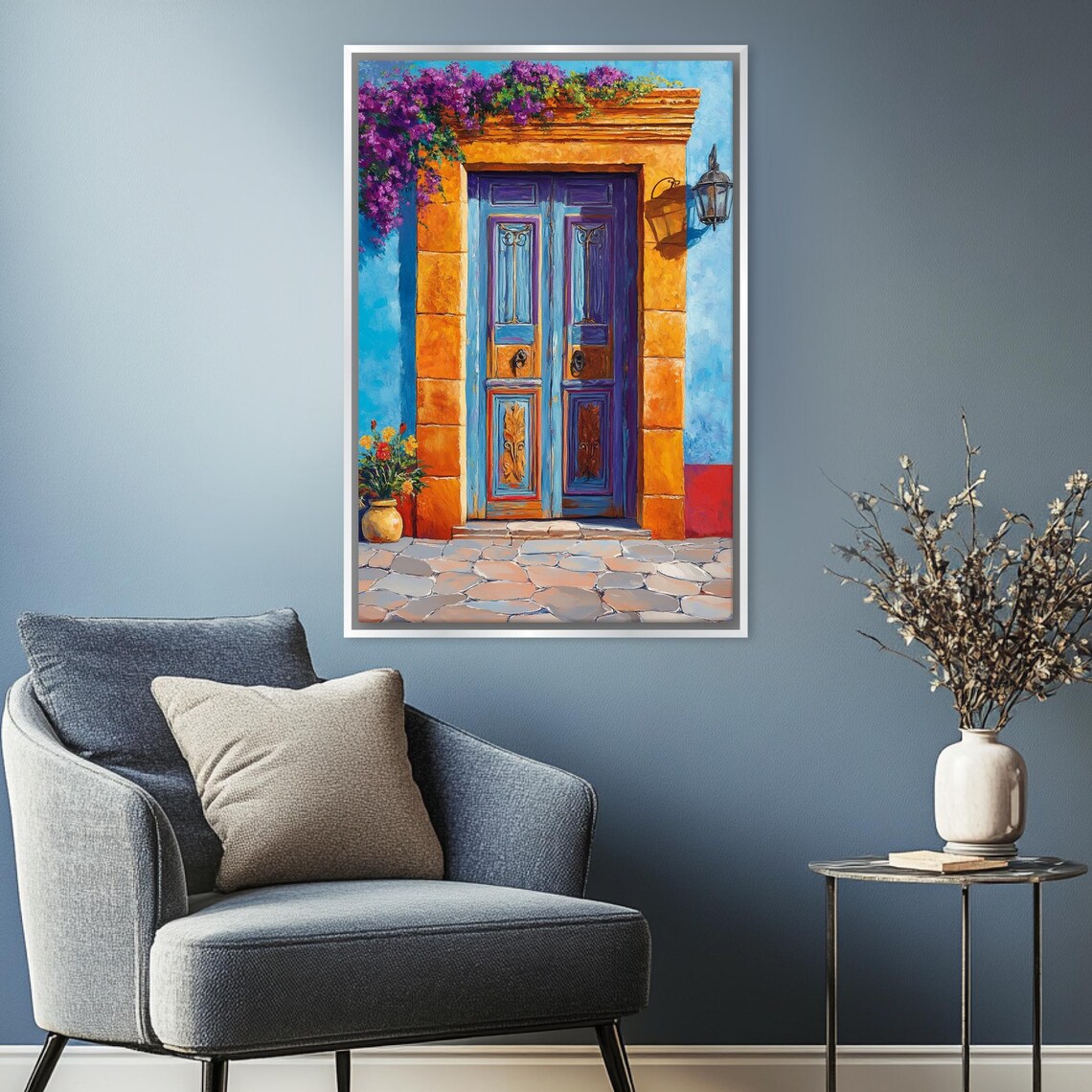 Vibrant Cobalt Blue Mexican Door Bougainvillea Lantern Courtyard Art Poster - Image 4