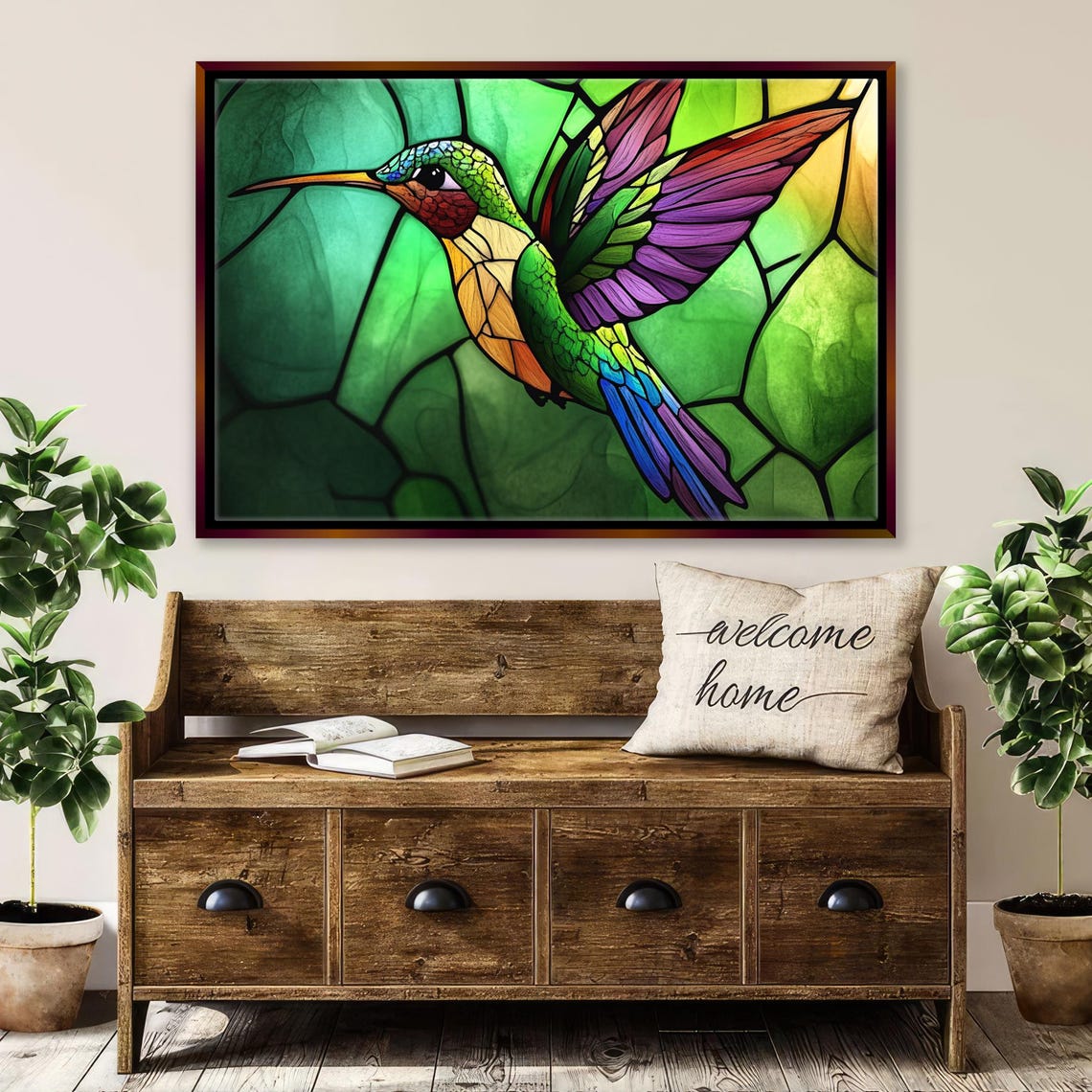 Stained Glass Style Hummingbird In Flight Green Background Bird Poster - Image 4