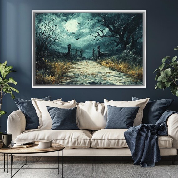 Eerie Moonlit Graveyard Gate Foggy Night Bats Spooky Halloween Wall Art
