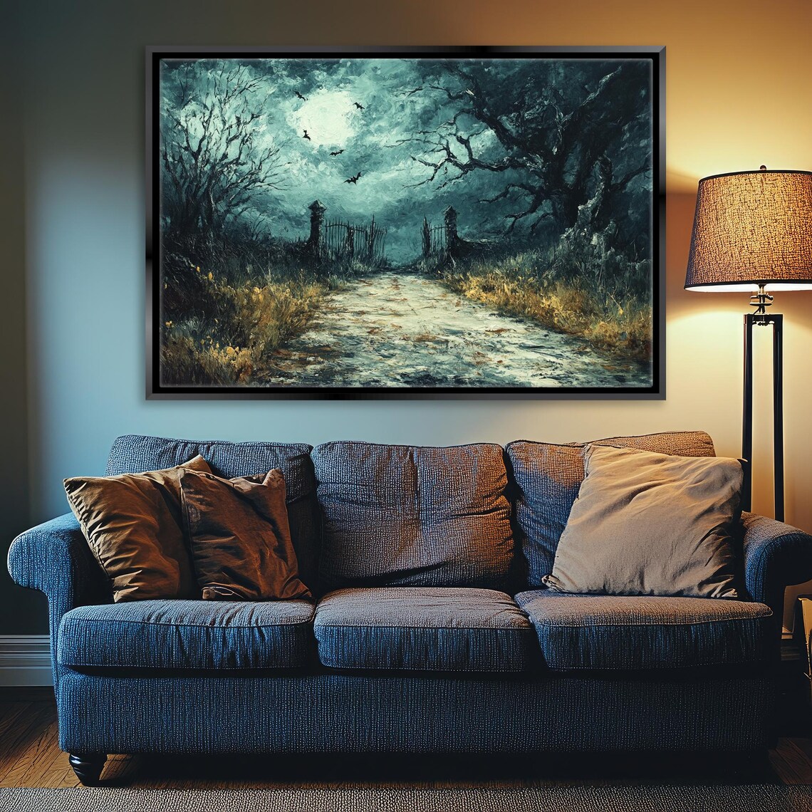 Eerie Moonlit Graveyard Gate Foggy Night Bats Spooky Halloween Wall Art - Image 5