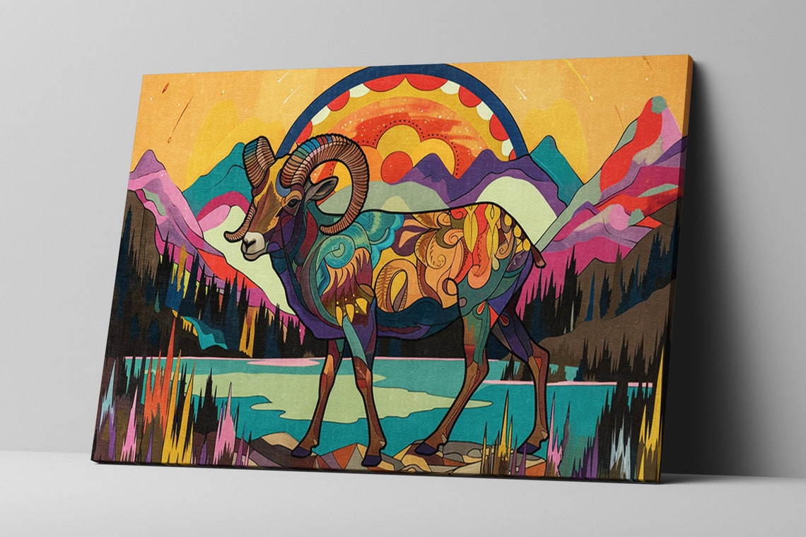 Colorful Bighorn Sheep Mountain Lake Psychedelic Collage Art Poster - Image 5