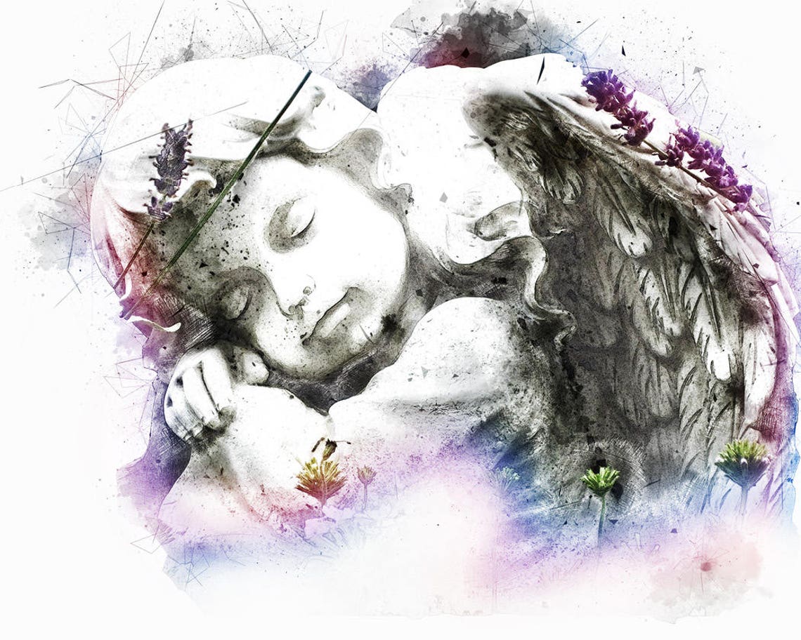Sleeping Angel Cherub Statue Lavender Watercolor Spiritual Art Print
