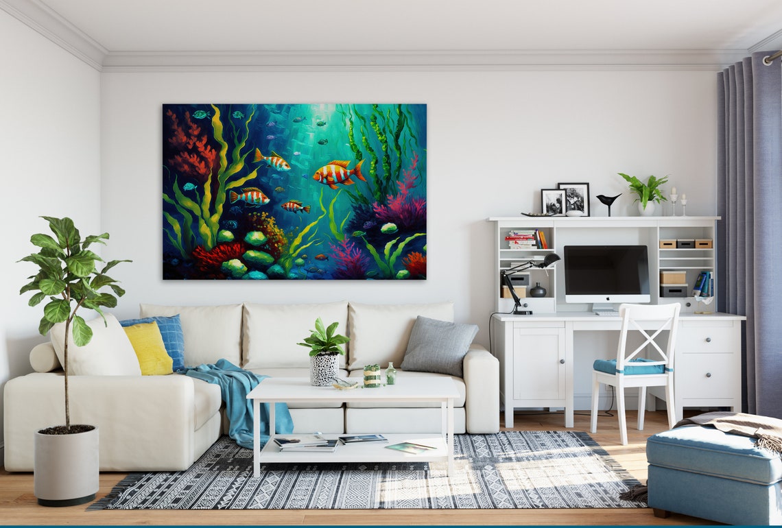 Underwater Fish Scene Striped Orange Fish Kelp Coral Ocean Poster - Image 3