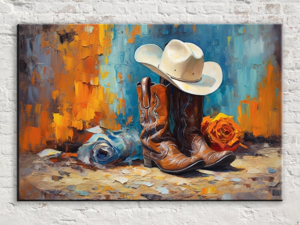 Texas Cowboy Boots and Hat Wall Art Print, USA
