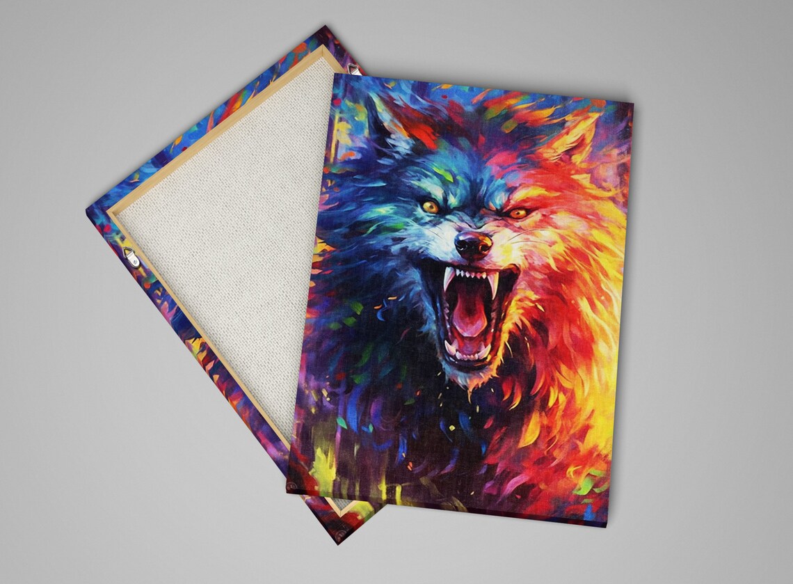 Snarling Wolf Split Blue Orange Pop Art Fangs Bared Bold Painting Print - Image 4